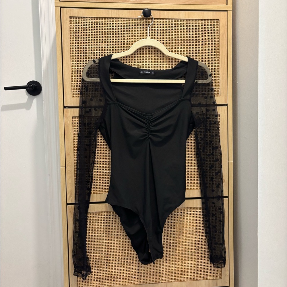 SHEIN black long sleeve bodysuit with long sleeve polka dot mesh sleeves